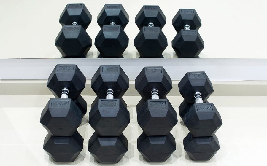 dumbbells neatly stacked