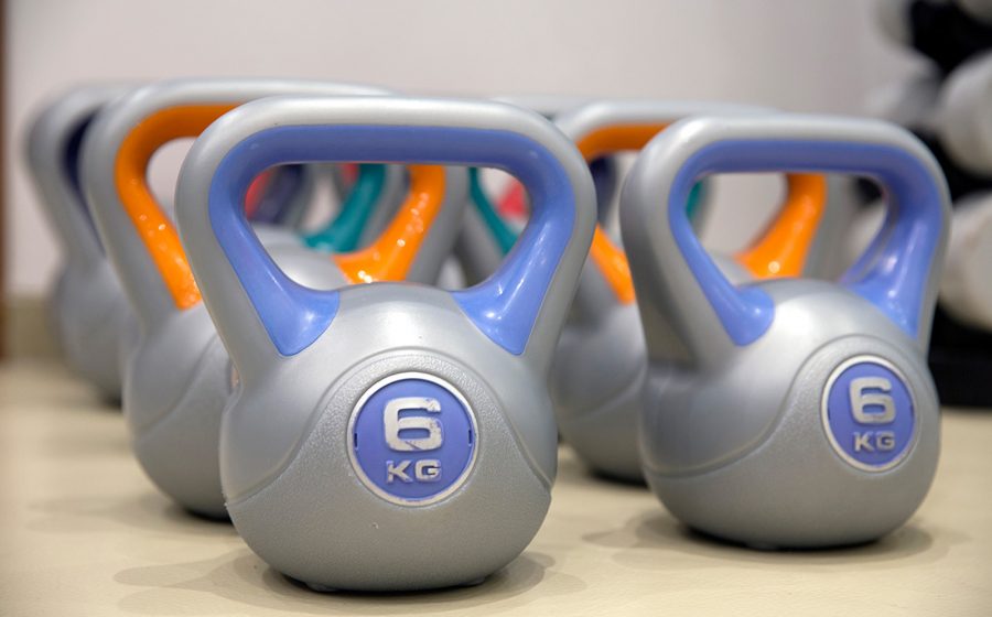 kettlebells on a row